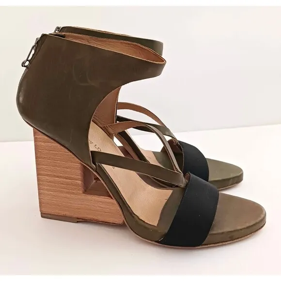 NEW VPL by LD Tuttle Olive Green Leather Sculpted Wood Heel Sandal 38.5 US 8.5