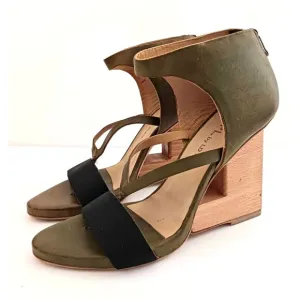 NEW VPL by LD Tuttle Olive Green Leather Sculpted Wood Heel Sandal 38.5 US 8.5