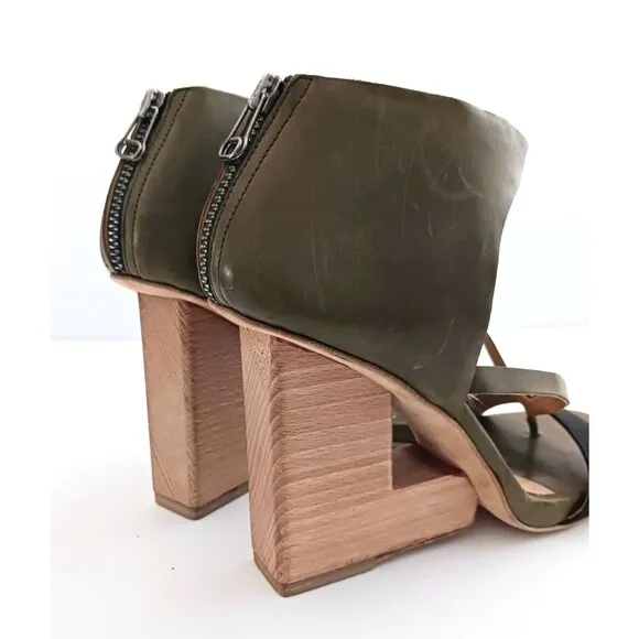 NEW VPL by LD Tuttle Olive Green Leather Sculpted Wood Heel Sandal 38.5 US 8.5
