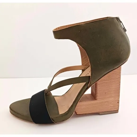 NEW VPL by LD Tuttle Olive Green Leather Sculpted Wood Heel Sandal 38.5 US 8.5
