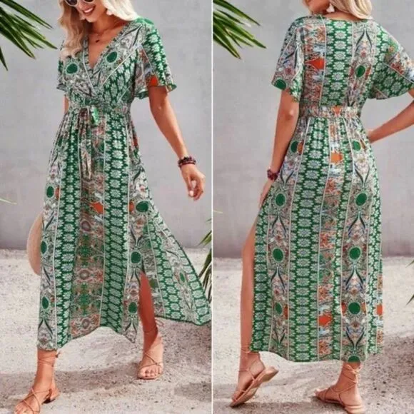 New Boho floral print butterfly sleeve maxi dress