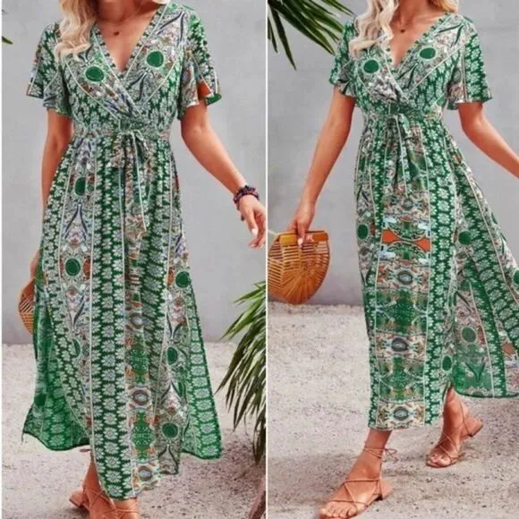 New Boho floral print butterfly sleeve maxi dress