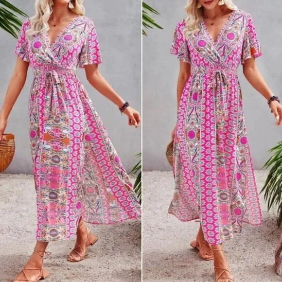 New Boho floral print butterfly sleeve maxi dress