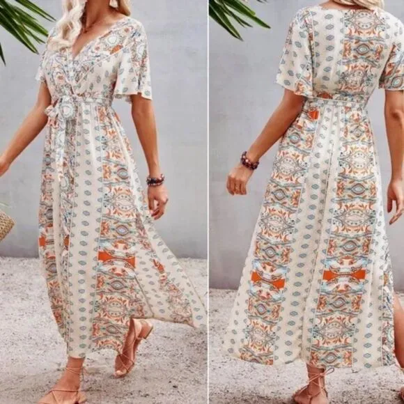 New Boho floral print butterfly sleeve maxi dress