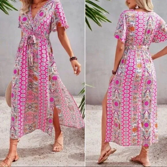 New Boho floral print butterfly sleeve maxi dress