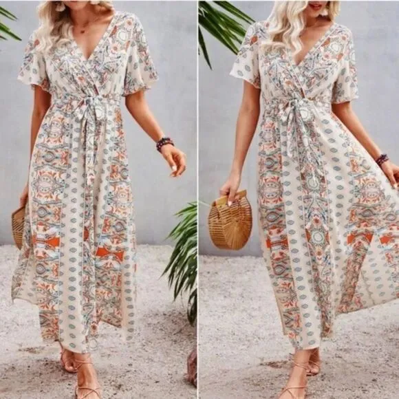 New Boho floral print butterfly sleeve maxi dress