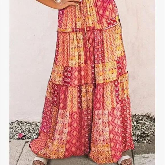 New Boho Print Elastic High Waist Pleated Ruffle Flowy Long Skirt