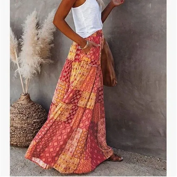 New Boho Print Elastic High Waist Pleated Ruffle Flowy Long Skirt