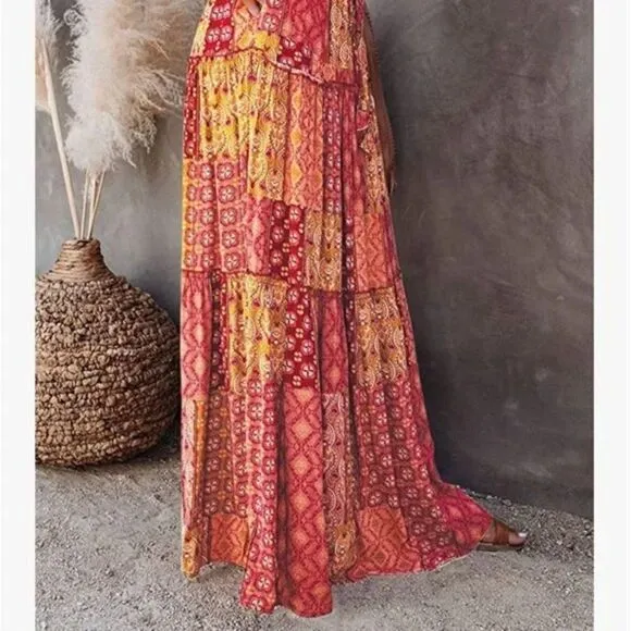 New Boho Print Elastic High Waist Pleated Ruffle Flowy Long Skirt