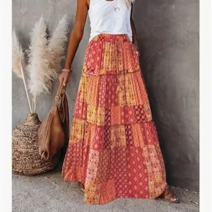 New Boho Print Elastic High Waist Pleated Ruffle Flowy Long Skirt