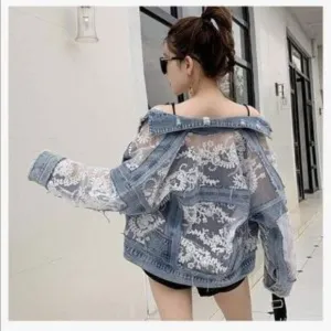 NEW Floral Lace Denim Crop Distressed Jacket
