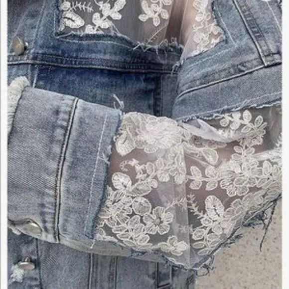 NEW Floral Lace Denim Crop Distressed Jacket