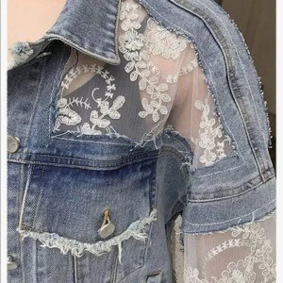 NEW Floral Lace Denim Crop Distressed Jacket