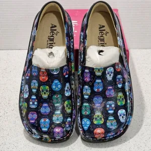 NIB, Allegra shoes with sugar skull pattern.
