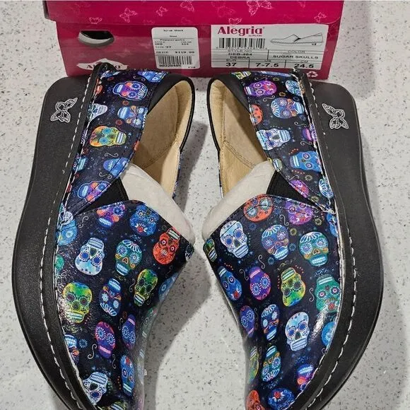 NIB, Allegra shoes with sugar skull pattern.