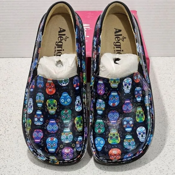 NIB, Allegra shoes with sugar skull pattern.