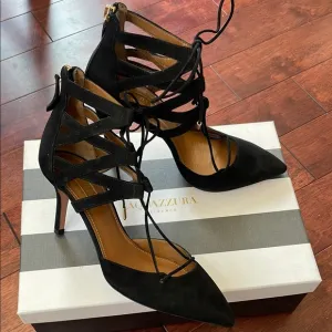 NIB Aquazzura Italy Belgravia Black Suede Leather Lace Zip Ankle Heels