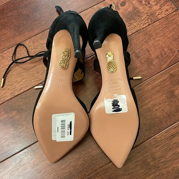 NIB Aquazzura Italy Belgravia Black Suede Leather Lace Zip Ankle Heels
