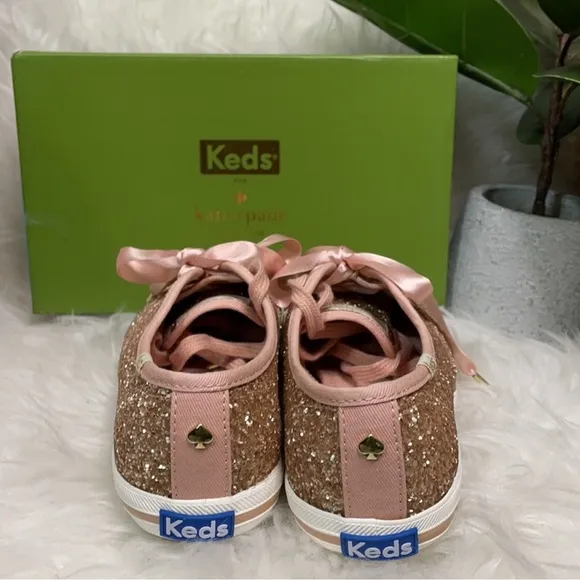 NIB Keds for Kate Spade New York Glitter Sneakers 7 rose gold Ribbon pink