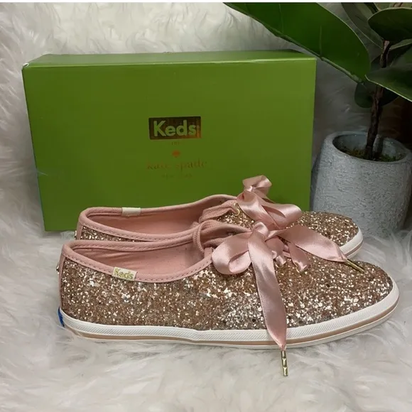 NIB Keds for Kate Spade New York Glitter Sneakers 7 rose gold Ribbon pink