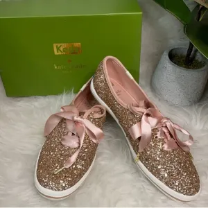 NIB Keds for Kate Spade New York Glitter Sneakers 7 rose gold Ribbon pink