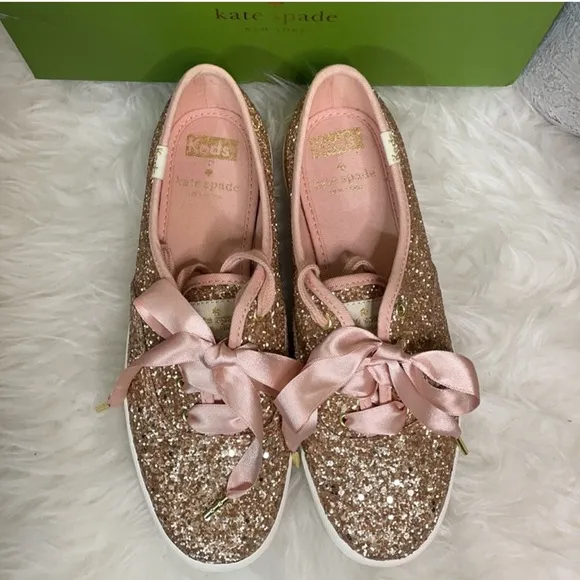 NIB Keds for Kate Spade New York Glitter Sneakers 7 rose gold Ribbon pink