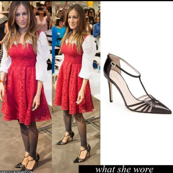 NIB SJP by Sarah Jessica Parker Carrie Black T-Strap Pumps EU 39 US 8.5 100mm