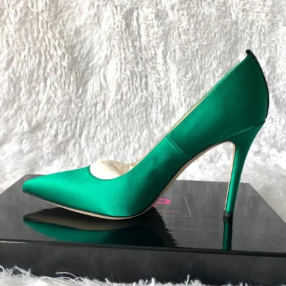 NIB SJP by Sarah Jessica Parker Fawn Satin Pumps EU 37.5 US6.5 Emerald Green 100