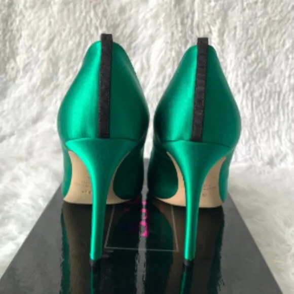 NIB SJP by Sarah Jessica Parker Fawn Satin Pumps EU 37.5 US6.5 Emerald Green 100