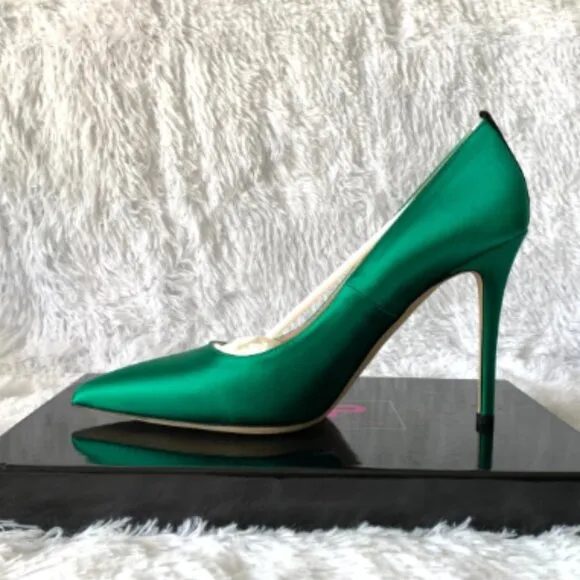 NIB SJP by Sarah Jessica Parker Fawn Satin Pumps EU39.5 US8.5 Emerald Green 100