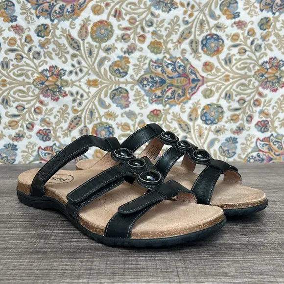 NIB Taos Footwear Women’s Gemma Black Leather Sandals Adjustable Straps Marble 8