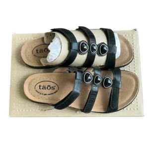 NIB Taos Footwear Women’s Gemma Black Leather Sandals Adjustable Straps Marble 8