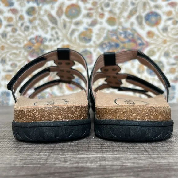 NIB Taos Footwear Women’s Gemma Black Leather Sandals Adjustable Straps Marble 8