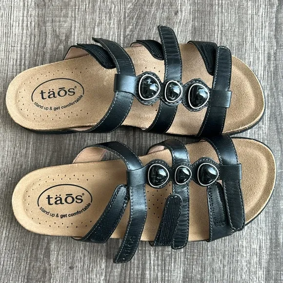 NIB Taos Footwear Women’s Gemma Black Leather Sandals Adjustable Straps Marble 8