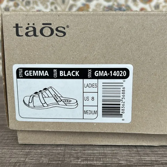 NIB Taos Footwear Women’s Gemma Black Leather Sandals Adjustable Straps Marble 8