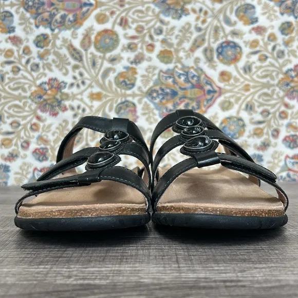 NIB Taos Footwear Women’s Gemma Black Leather Sandals Adjustable Straps Marble 8