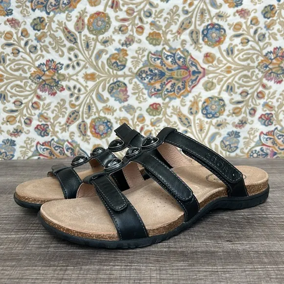 NIB Taos Footwear Women’s Gemma Black Leather Sandals Adjustable Straps Marble 8