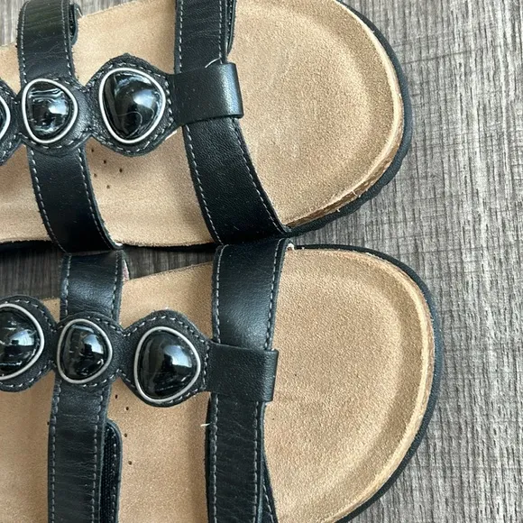 NIB Taos Footwear Women’s Gemma Black Leather Sandals Adjustable Straps Marble 8