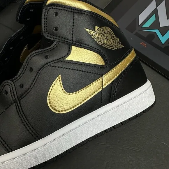 Nike Air Jordan 1 Mid Shoes Black Metallic Gold White DQ8426-071 Men's Sizes