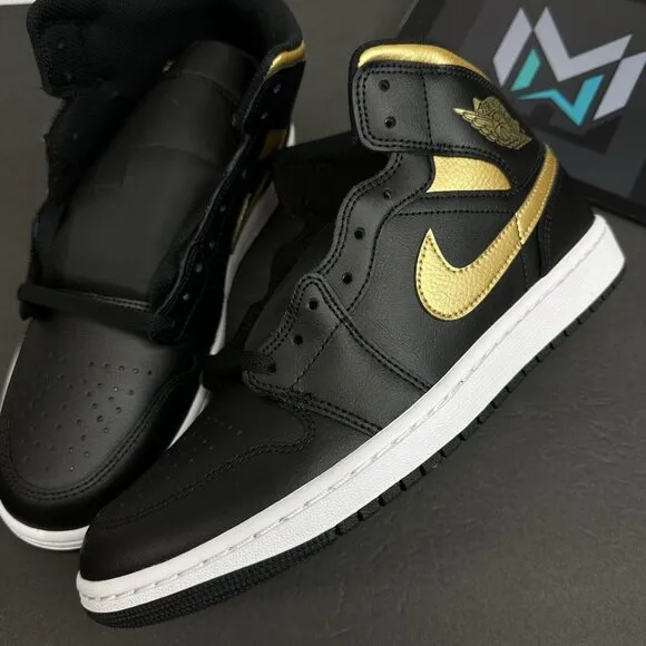 Nike Air Jordan 1 Mid Shoes Black Metallic Gold White DQ8426-071 Men's Sizes
