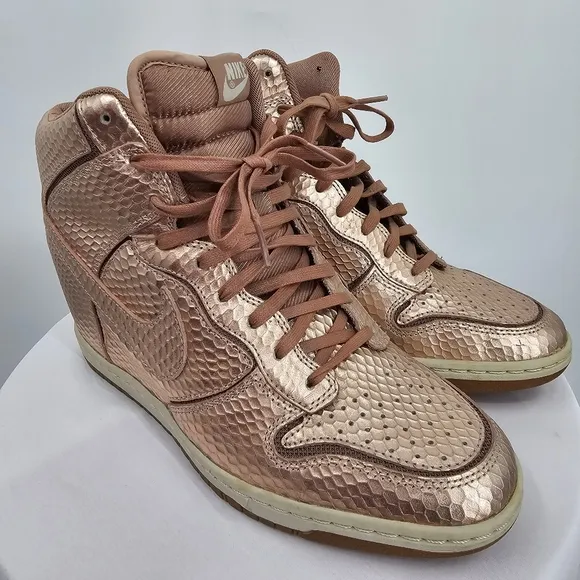Nike Dunk Sky Hi Wedge Sneakers Rose Gold Snakeskin Size 10