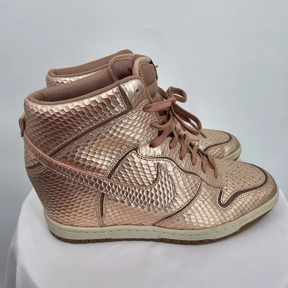 Nike Dunk Sky Hi Wedge Sneakers Rose Gold Snakeskin Size 10