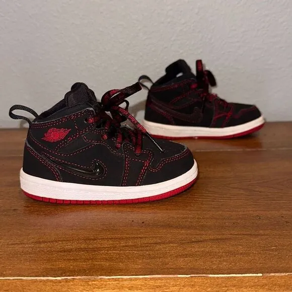 Nike Jordan 1 Mid Fearless TD‎ Baby Shoes CU6619-062 Black Red White Sz 6C