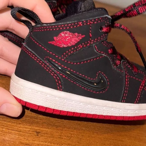 Nike Jordan 1 Mid Fearless TD‎ Baby Shoes CU6619-062 Black Red White Sz 6C