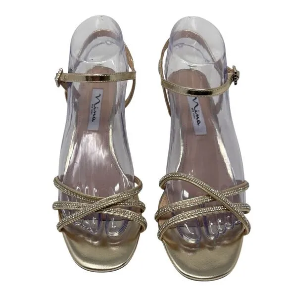 Nina  Bobby Metallic Gold Foil Crystal Strappy Design Flared Mid-Heel Size 8 NEW