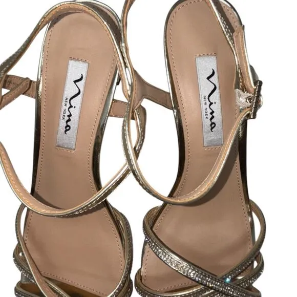 Nina  Bobby Metallic Gold Foil Crystal Strappy Design Flared Mid-Heel Size 8 NEW
