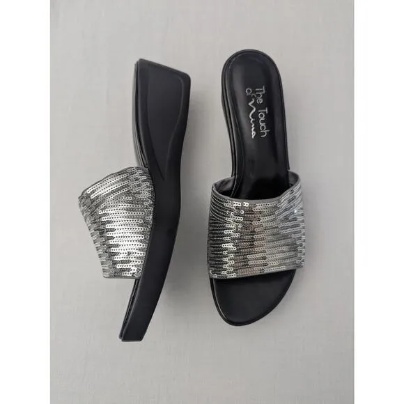 Nina Platform Sandals Size 8 Sequin Silver Metallic Y2K Chunky Sole Party Date