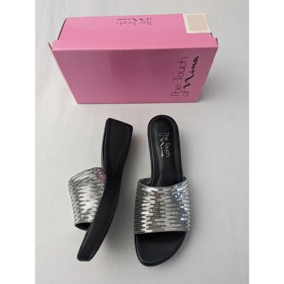 Nina Platform Sandals Size 8 Sequin Silver Metallic Y2K Chunky Sole Party Date