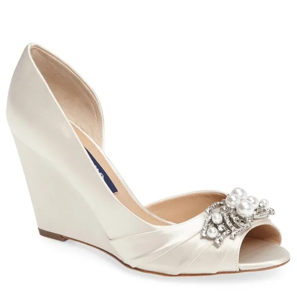 NINA Rona Swarovski Crystals Ivory White Satin Wedge Heel Wedding Bridal Pumps