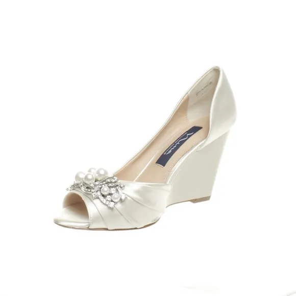 NINA Rona Swarovski Crystals Ivory White Satin Wedge Heel Wedding Bridal Pumps